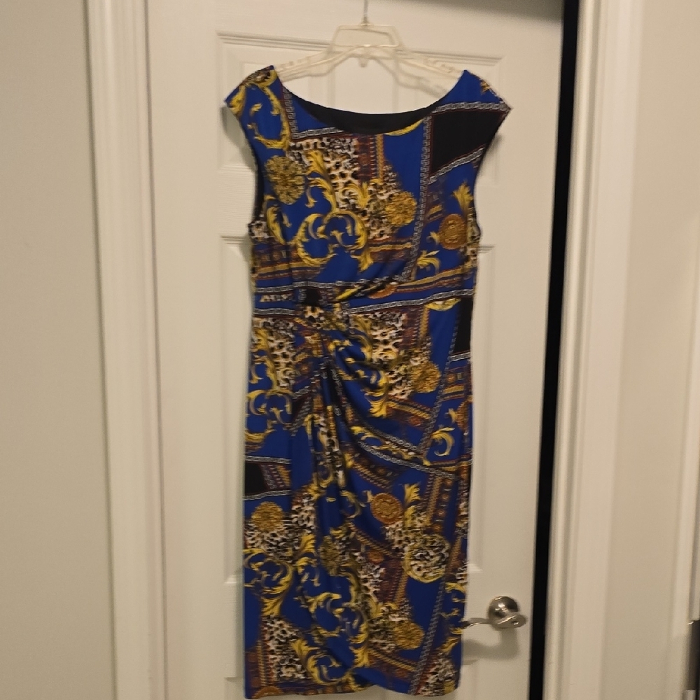 Connected Apparel Blue and Yellow Ruched Sheath Dress